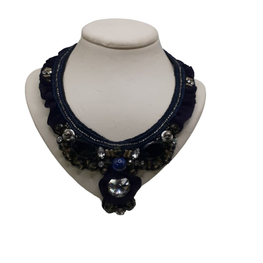 Ranjana Khan Necklace Jeweled Rhinestone Beaded Lace Mixed Materials Tie Closure
